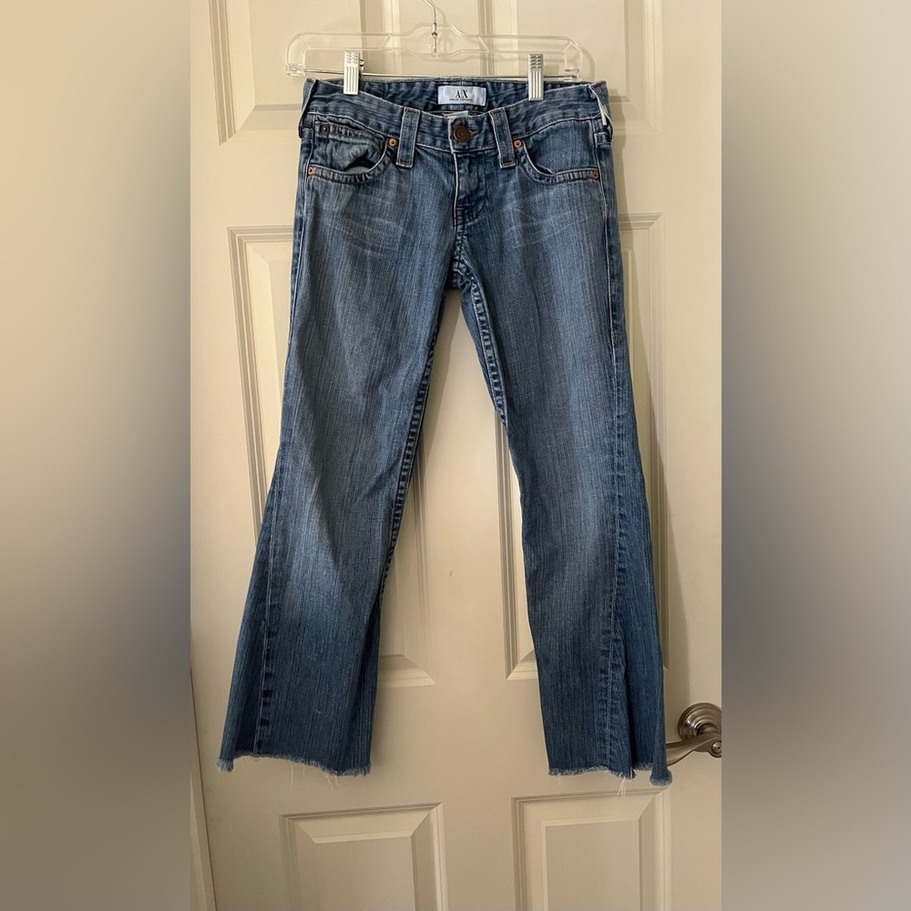 Women’s A/X Armani Exchange Reverb Blue Stone Whisker Flare Jeans  frayed hem 0R